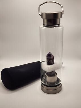 Amethyst Crystal Glass Water Bottle Calming Quartz Energy with Cover Purple